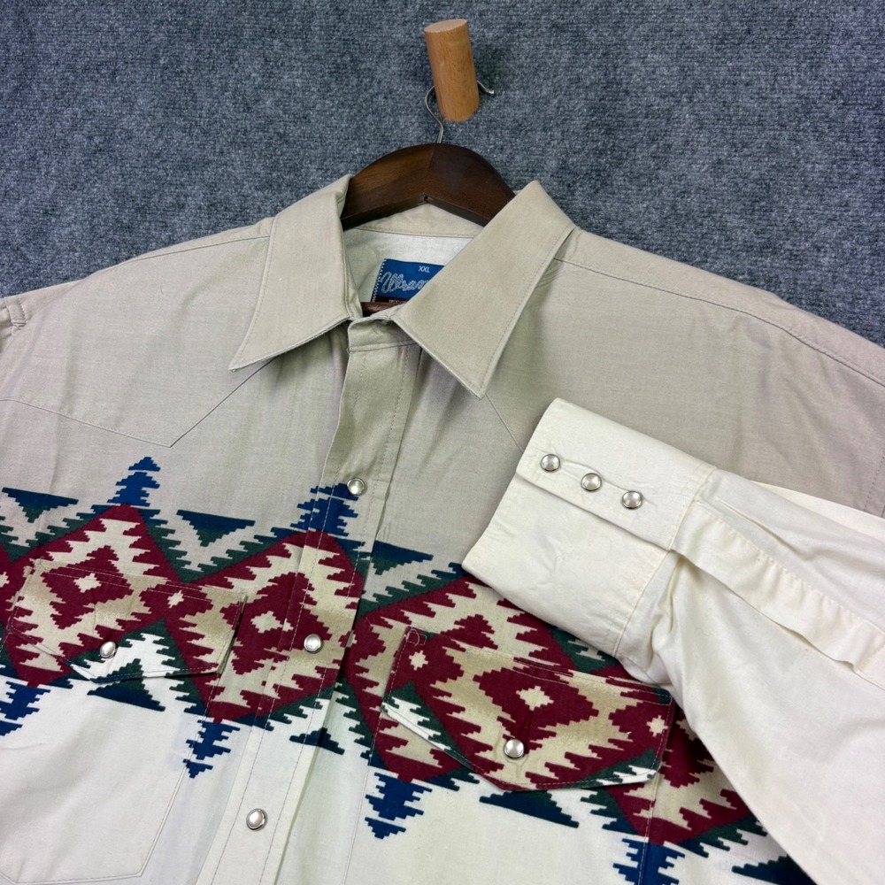 Wrangler Western Shirt Mens XXL Tan Aztec Southwestern Pearl Snap Button Down